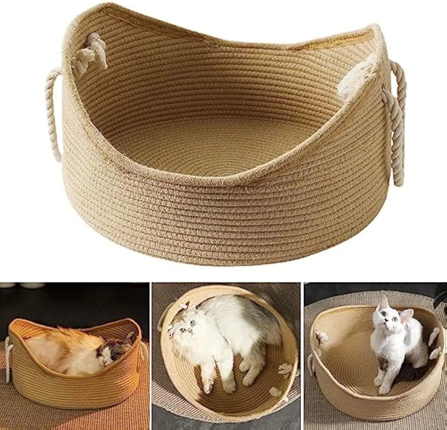 Wicker cat basket bed with a built-in corrugated cardboard scratching panel.