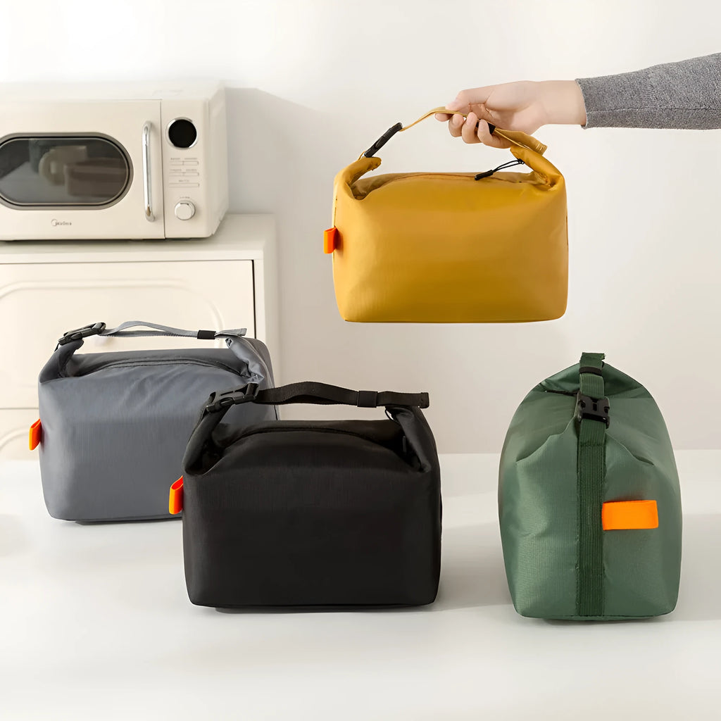 Japanese style insulated lunch bag in Oxford cloth, shown in grey, black, yellow, and army green colours.