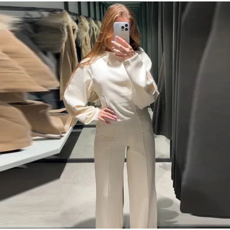 Women's polar fleece suit set with pleated top and wide leg trousers in black, apricot, grey or wine red