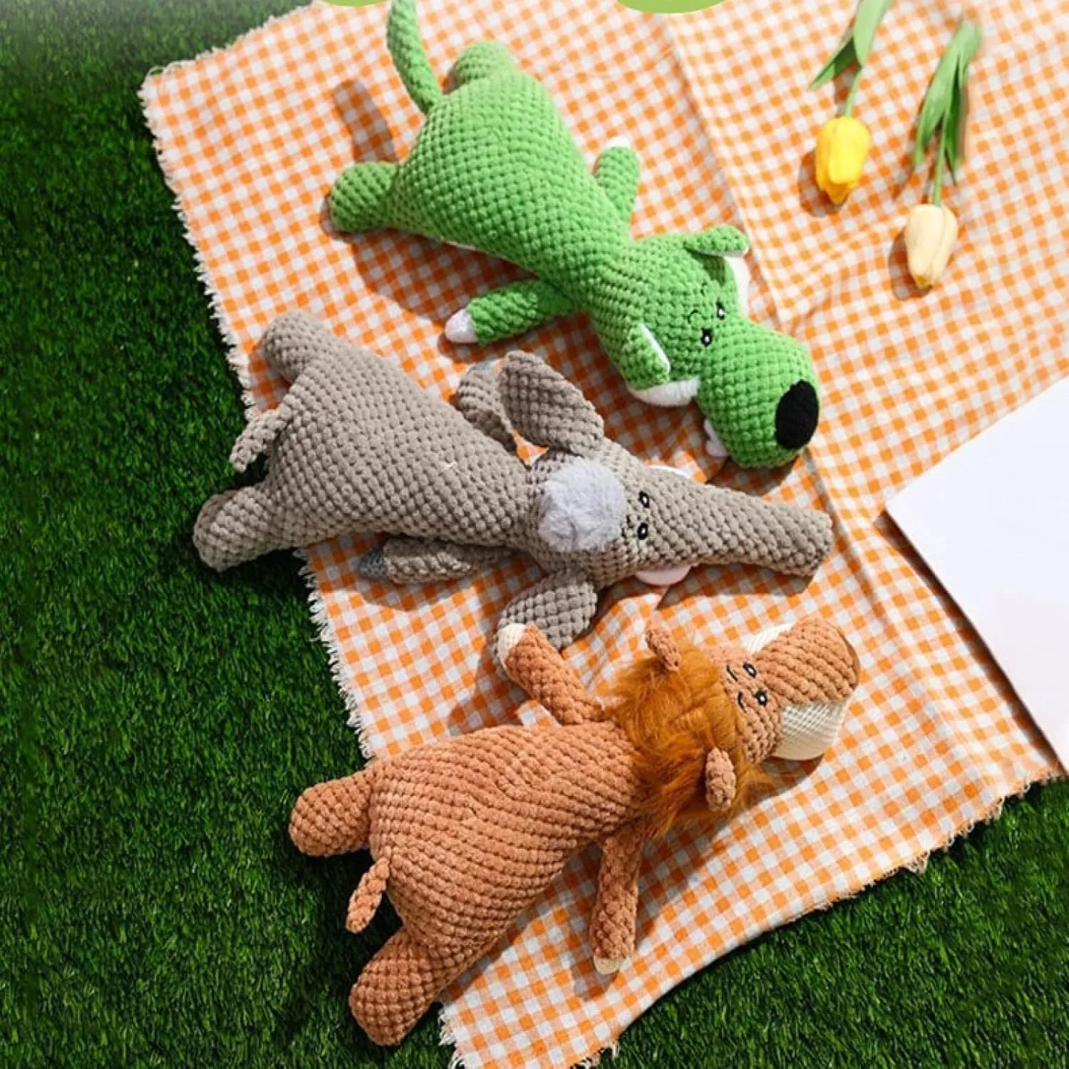Corn design dog chew toy with textured kernels and squeaky sound mechanism in green, grey, and yellow colour options
