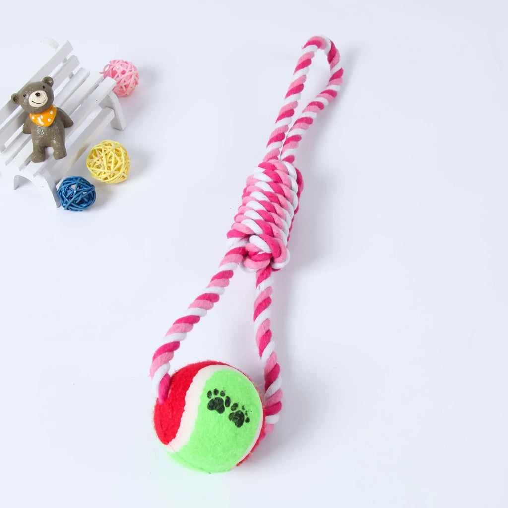 A red and white cotton string dog toy, approximately 38cm long, for medium and large dogs.