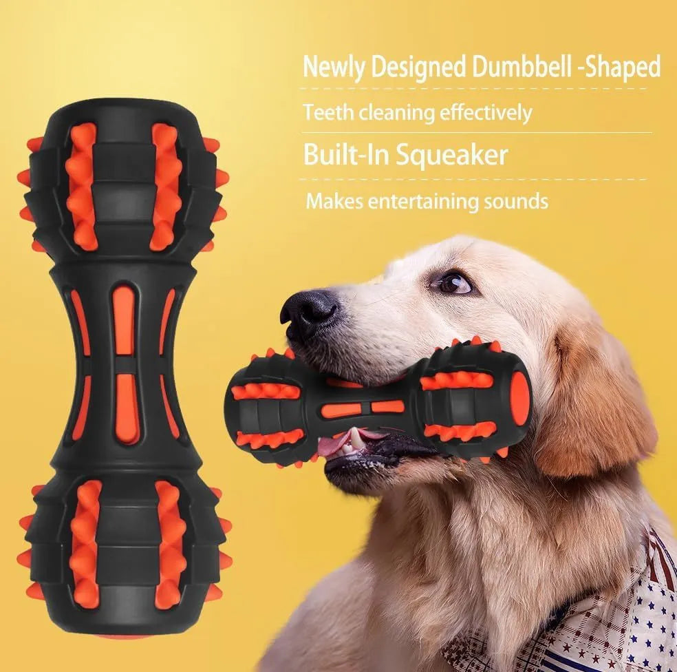 Red dumbbell-shaped natural rubber dog chew toy with squeaker for medium and large breed dogs