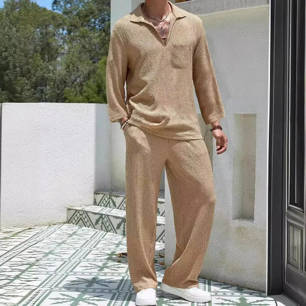 Men's casual shirt trousers suit in polyester fabric available in four colours for autumn leisure wear
