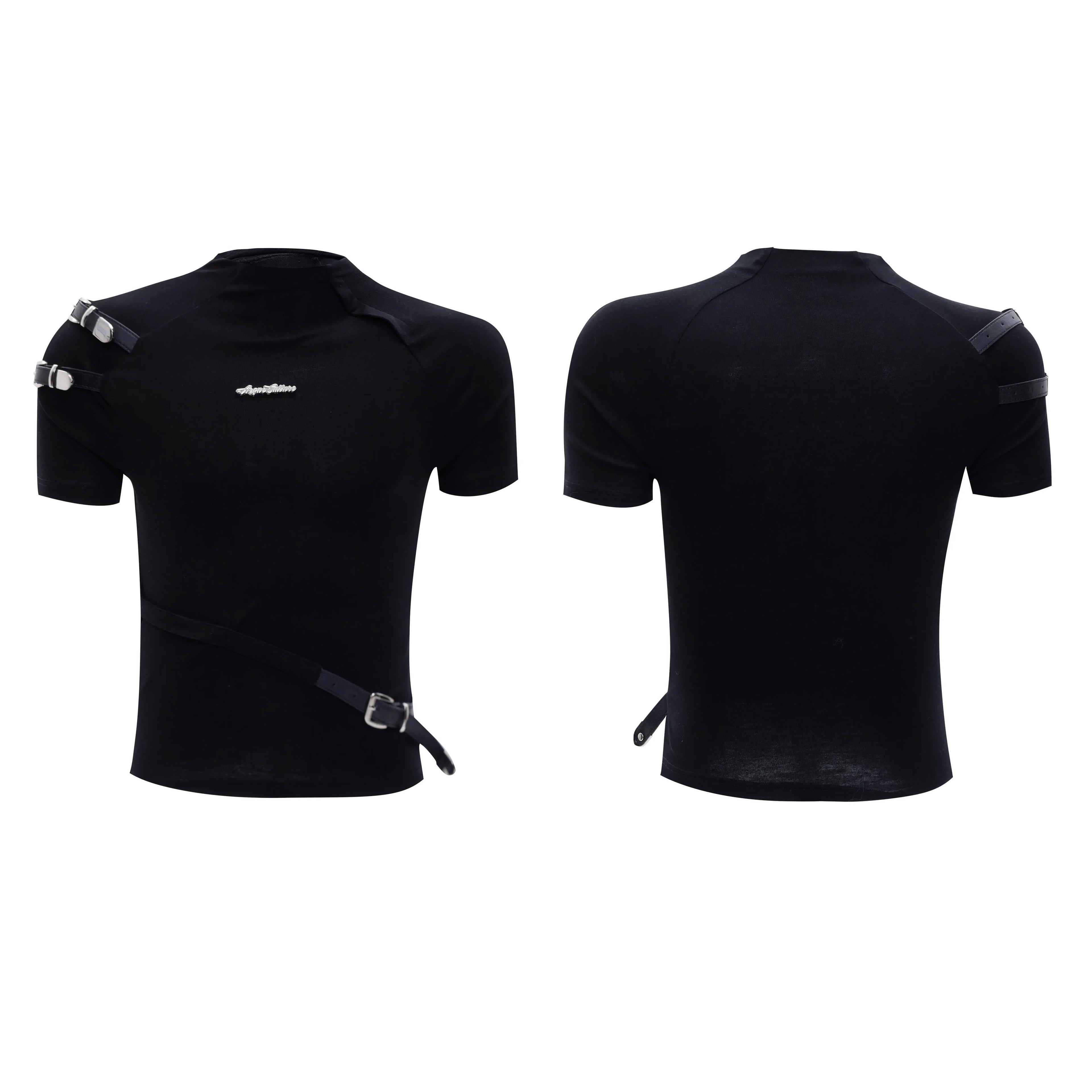 Men's black cotton short sleeve t-shirt with metal belt detail and stand-up collar