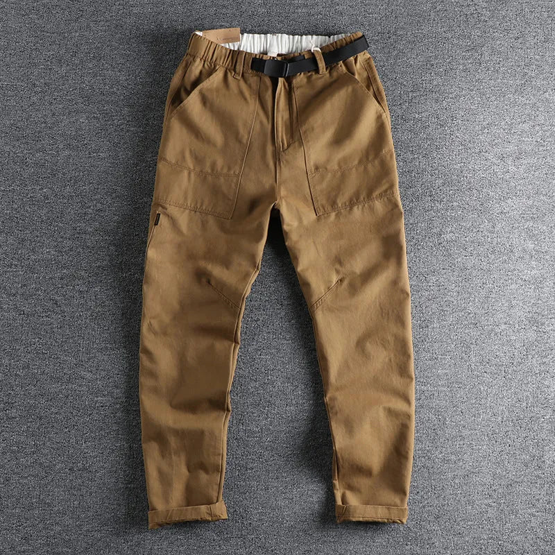 Men's cotton workwear casual pants in khaki and dark blue with three-dimensional cutting and mid waist zipper fly design