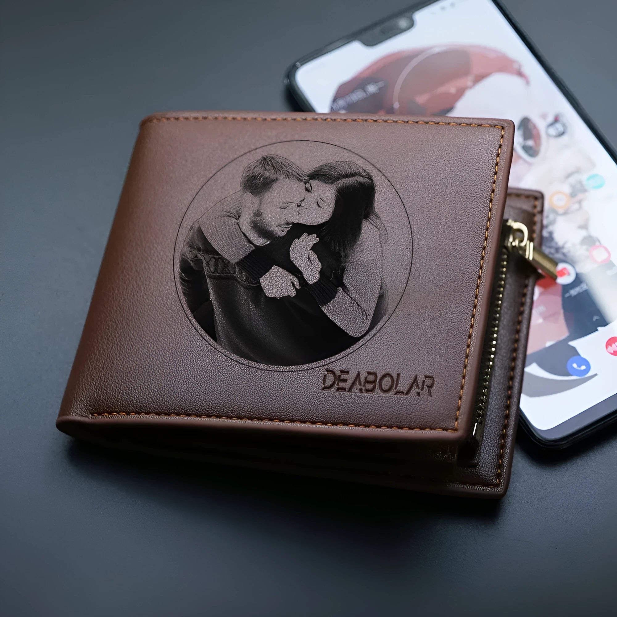 Men's brown leather wallet with a zipper closure, shown individually packaged.
