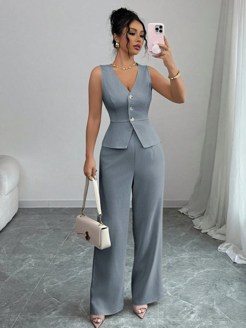 Women's sleeveless vest and high-waist trousers two-piece set in solid colour polyester fabric