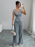Women's sleeveless vest and high-waist trousers two-piece set in solid colour polyester fabric