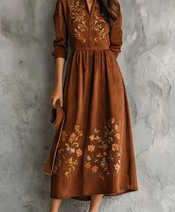 Brown vintage floral embroidered suede-effect midi dress with long sleeves