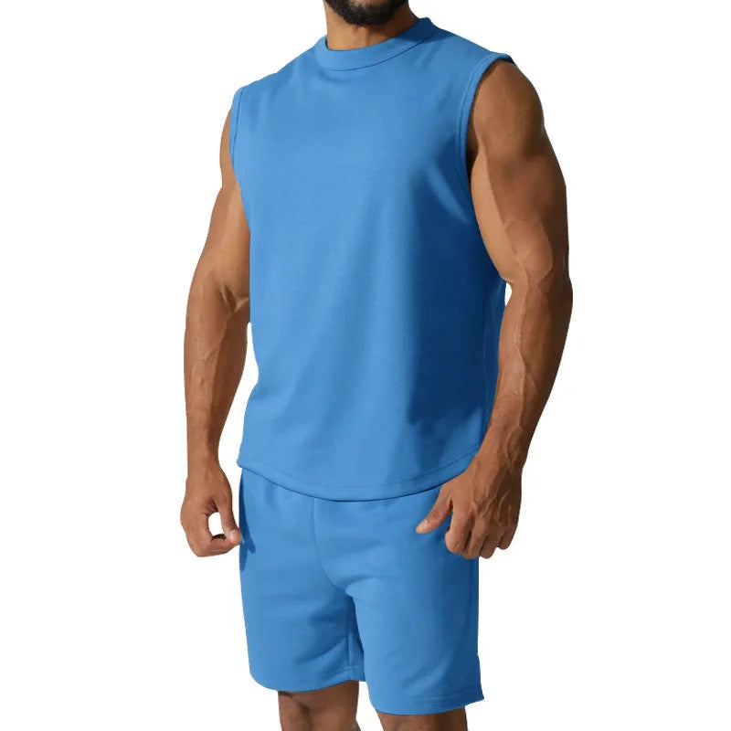 Men's sleeveless sports suit set in cotton blend fabric with matching shorts