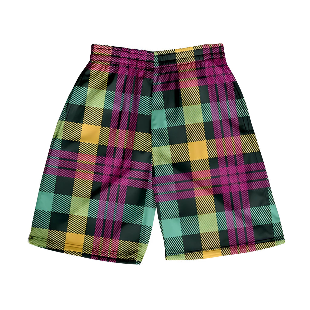 Men's plaid polyester shorts with elastic waistband in straight cut design