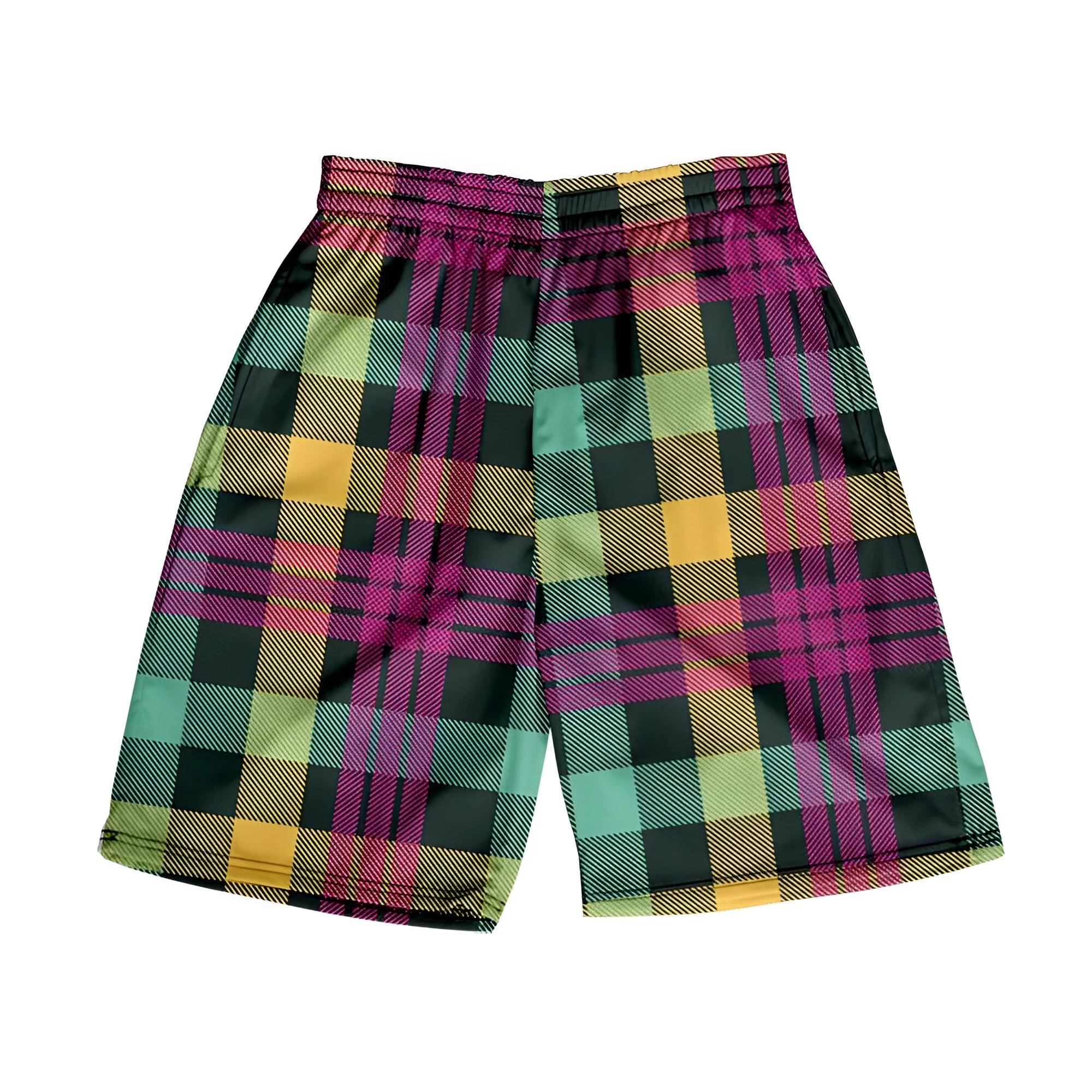 Men's plaid polyester shorts with elastic waistband in straight cut design