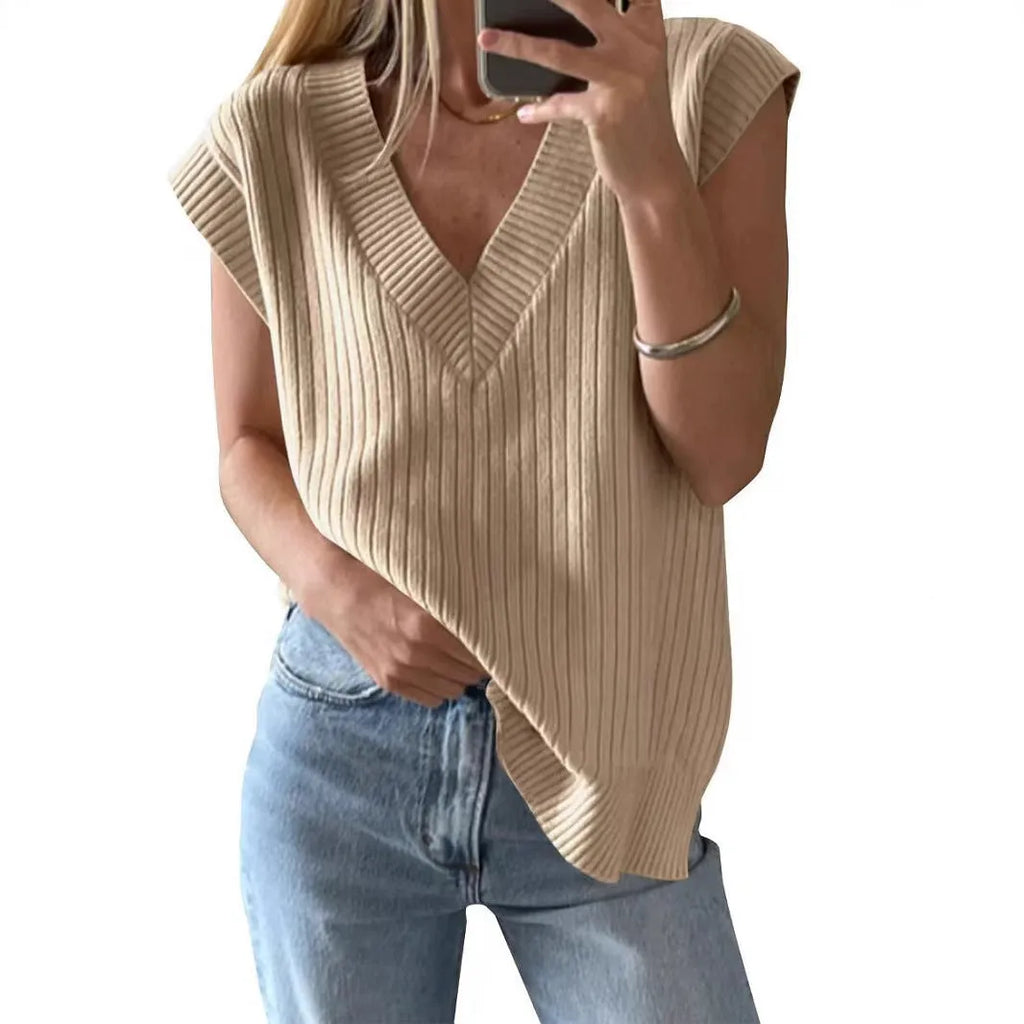 Women's camel and white V-neck sleeveless pullover vest in loose casual fit