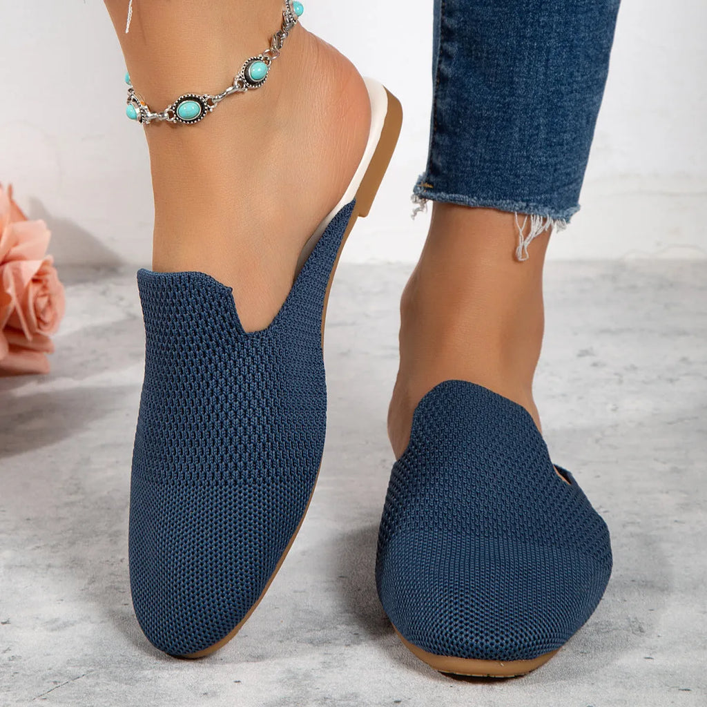 Mesh slip-on sandals with round toe, cloth upper, and flat rubber sole in candy colours
