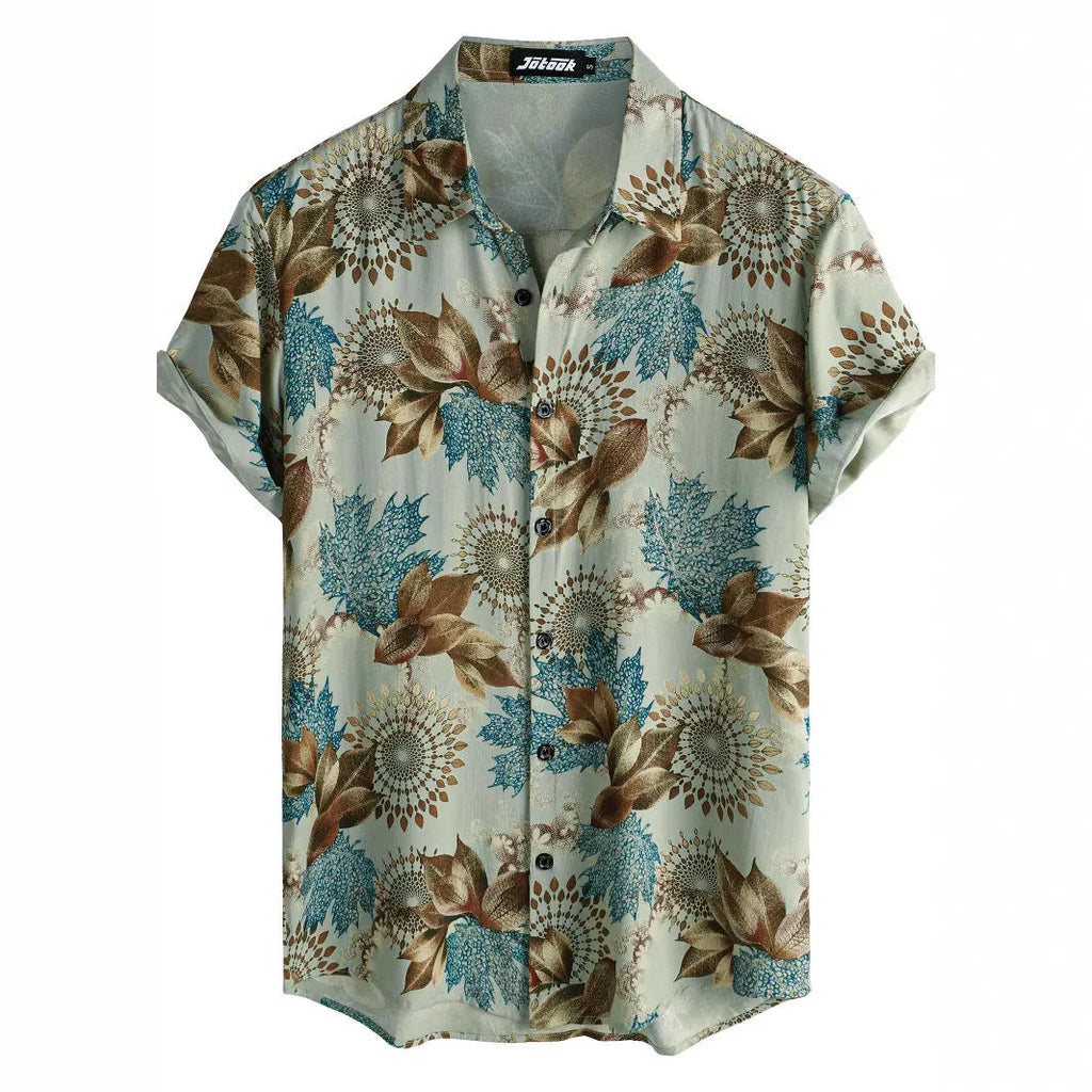 Man wearing a short sleeve Hawaiian floral print shirt with a lapel neckline, showcasing the digital print pattern.