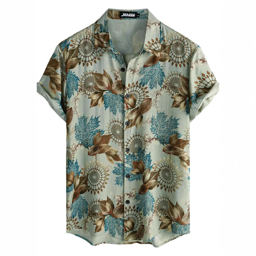 Man wearing a short sleeve Hawaiian floral print shirt with a lapel neckline, showcasing the digital print pattern.
