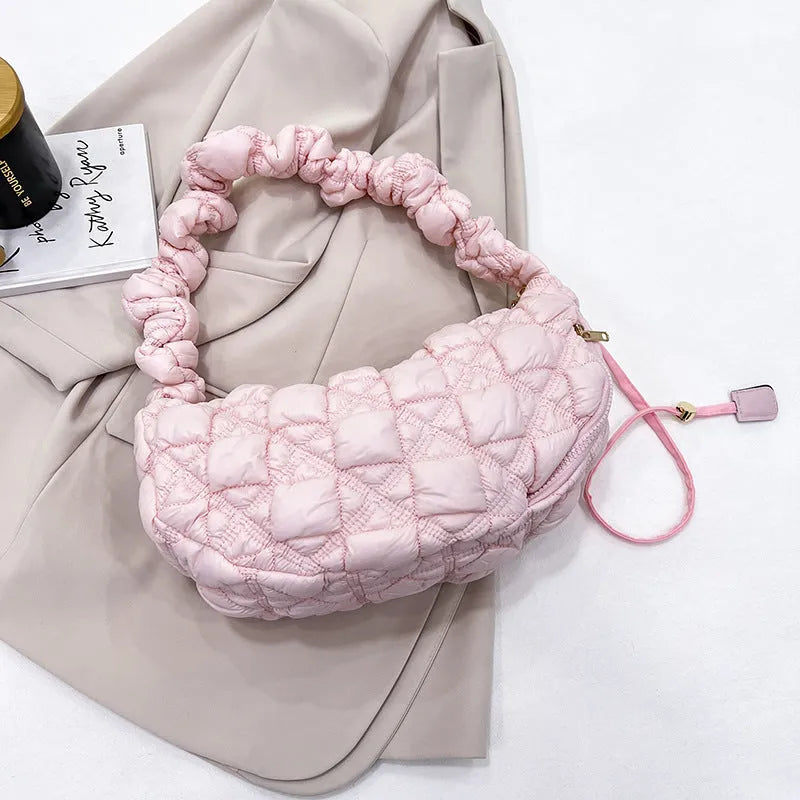 Women's nylon shoulder messenger bag in beige colour showing dimensions and adjustable strap