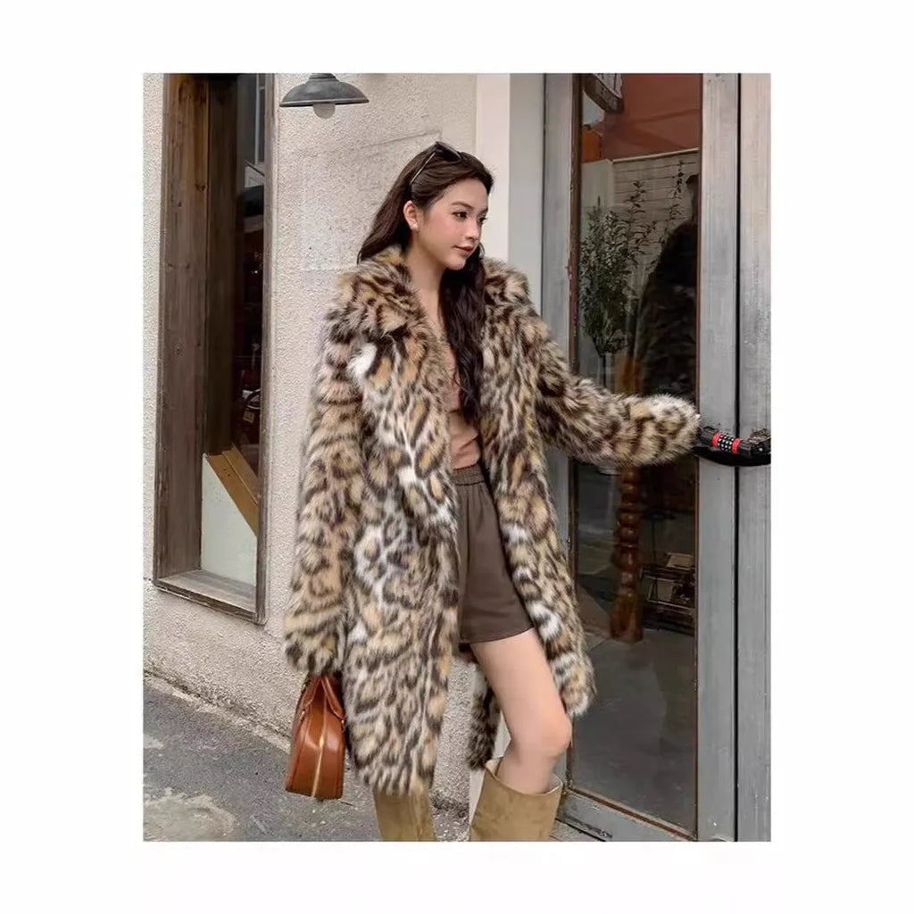 Street fashion faux fur coat with a faux fur collar, shown in mid-length and long styles.