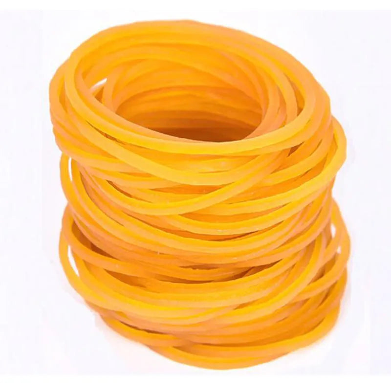 Assortment of bright yellow rubber bands in various sizes from a 500g pack.