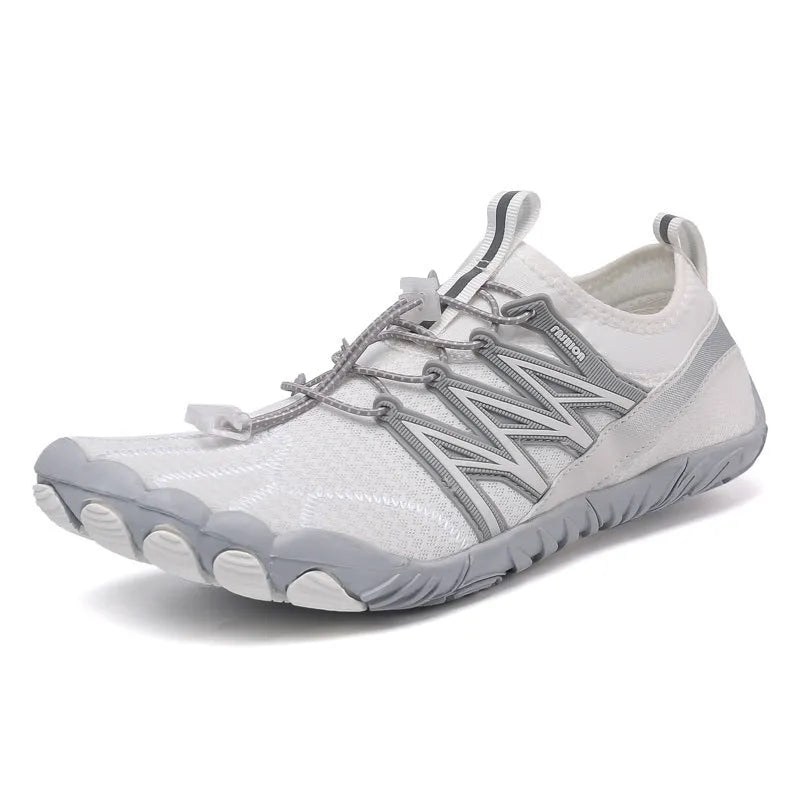 Lightweight indoor fitness training sneakers with low-top design and striped pattern.