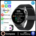 Black smartwatch with Bluetooth calling and health monitoring features on a silicone strap