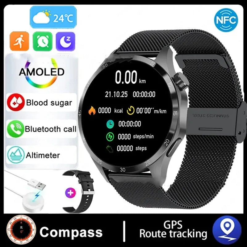 Black smartwatch with Bluetooth calling and health monitoring features on a silicone strap