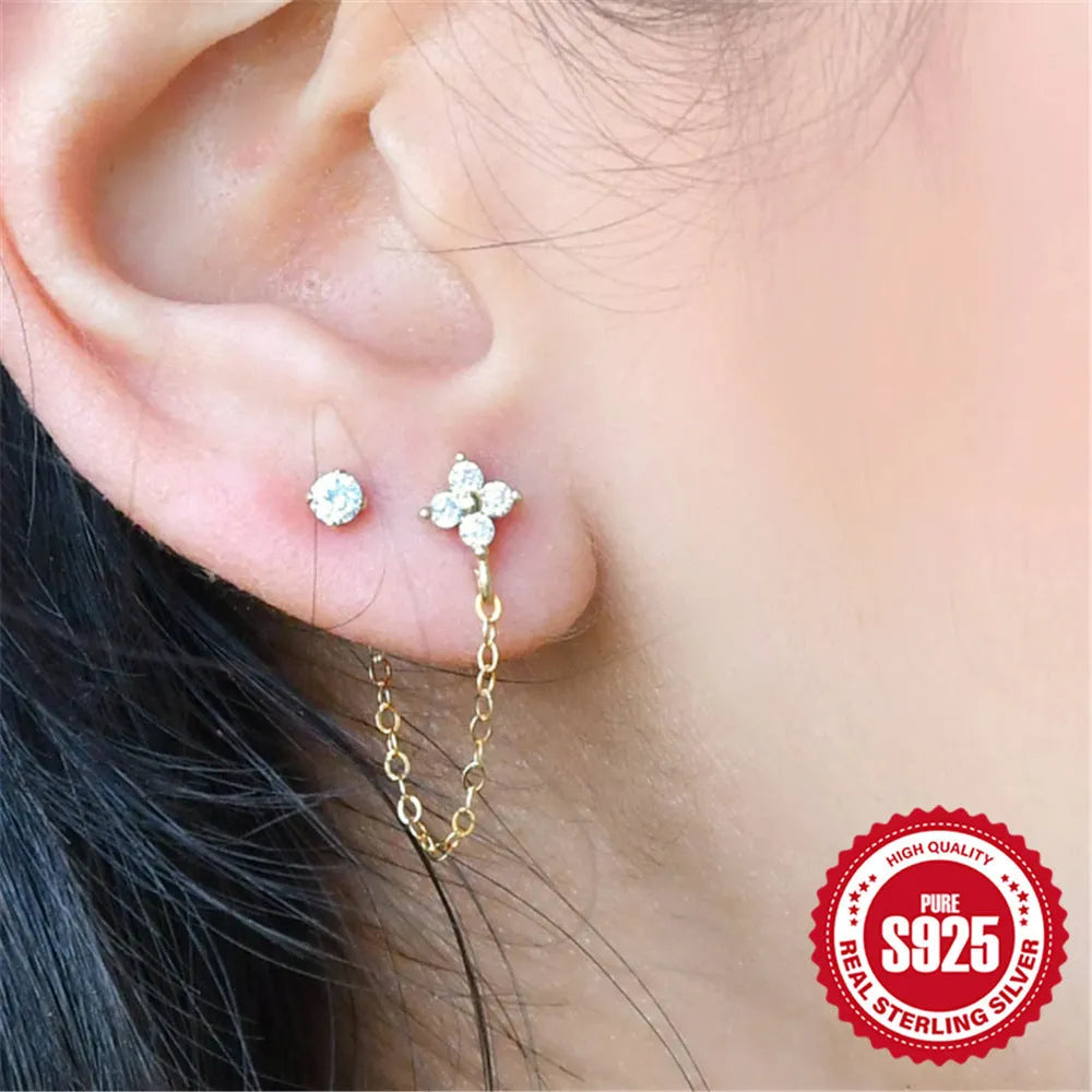 S925 sterling silver flower tassel chain ear studs with geometric shape and gold electroplated finish