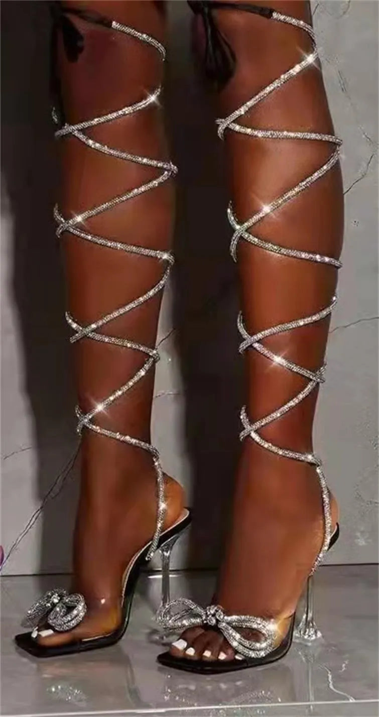 Plus size women's strappy sandal heels with Roman rhinestone straps in square toe design