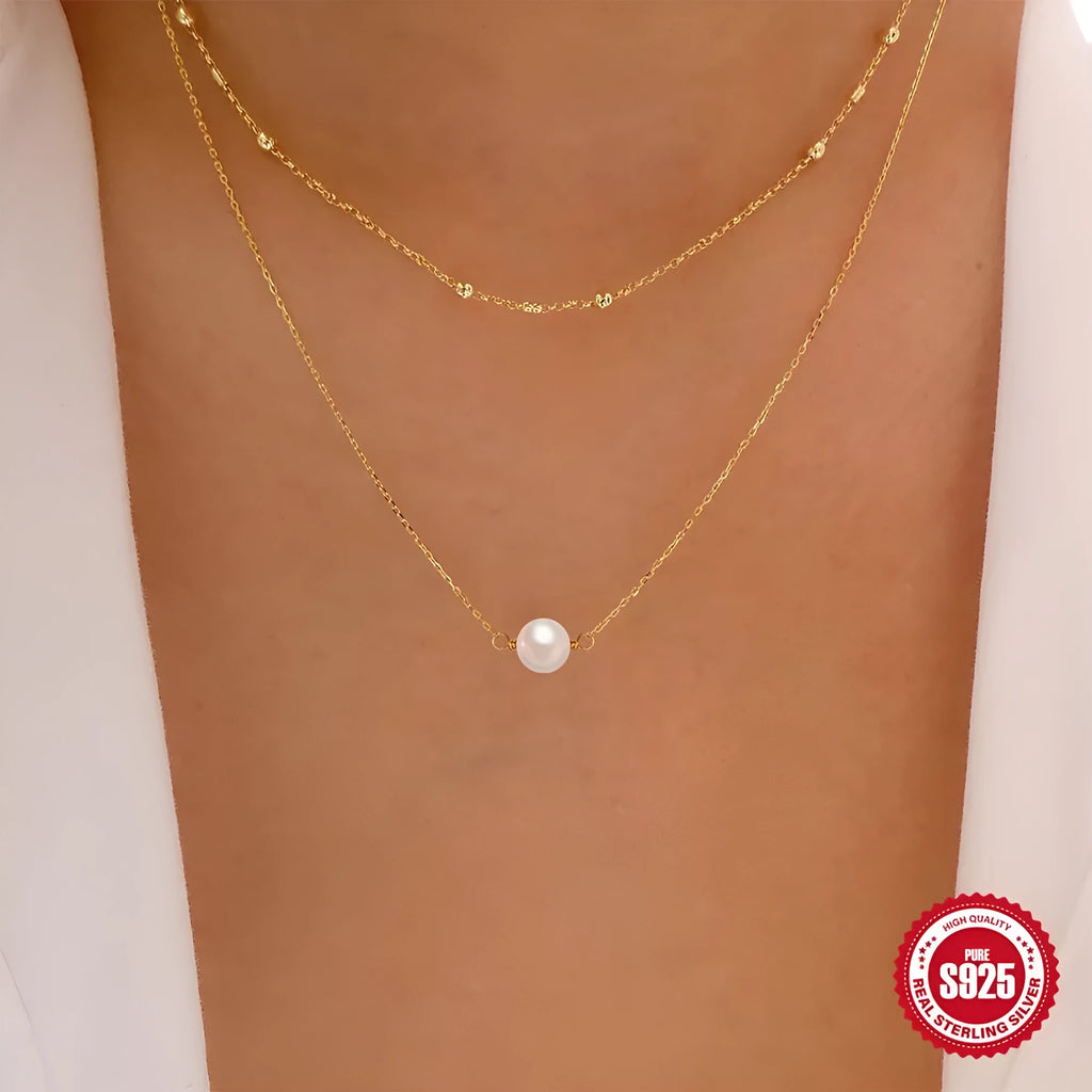 S925 sterling silver double layer necklace with geometric pearl pendant on ball bead chain