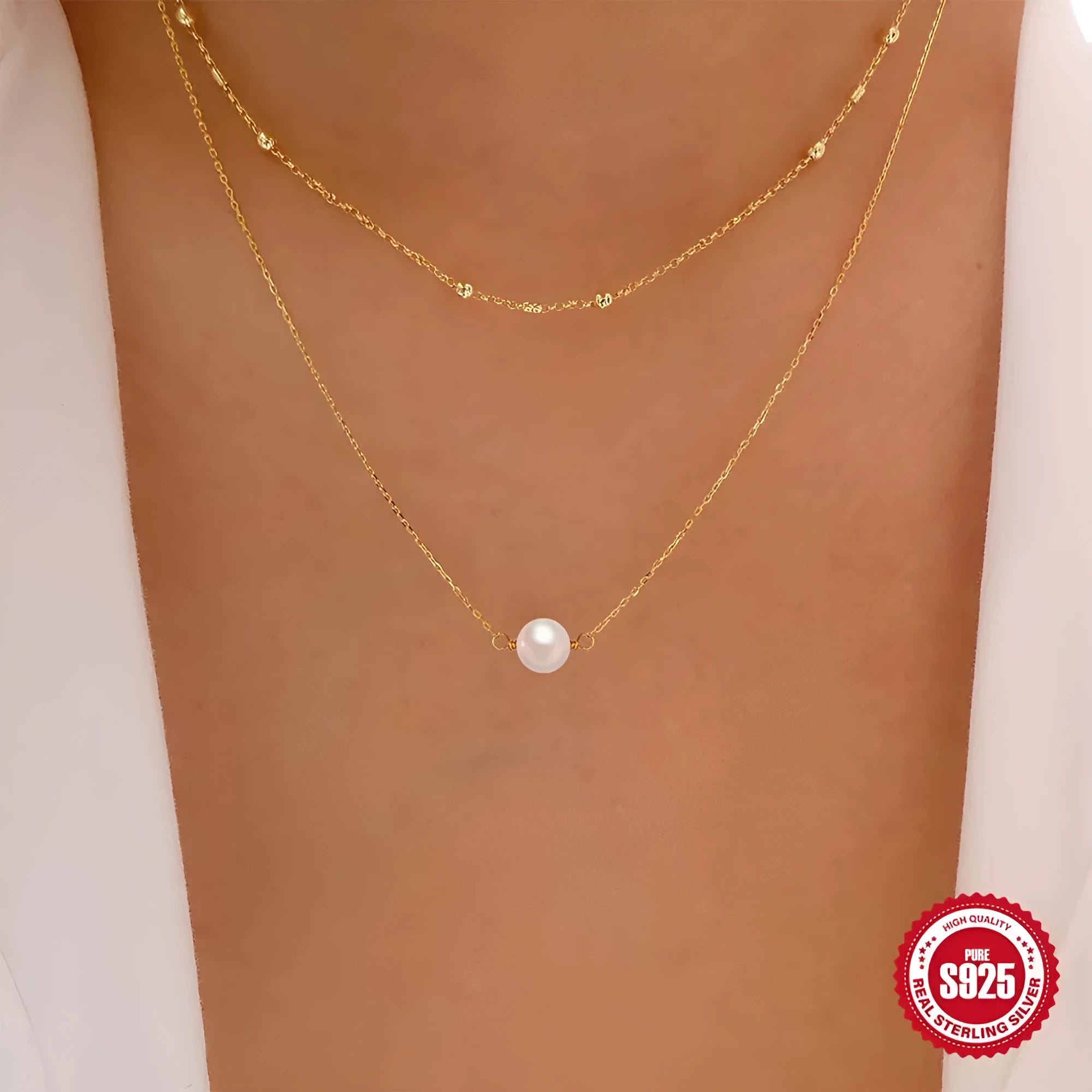 S925 sterling silver double layer necklace with geometric pearl pendant on ball bead chain