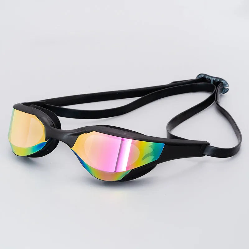 Racing style swimming goggles with mirror lenses and adjustable nose bridge on a blue background.