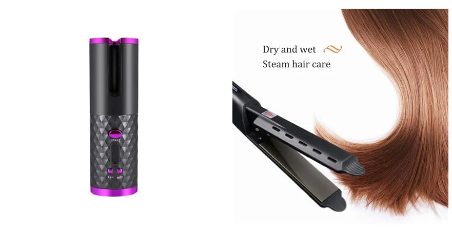 White portable mini curling iron with USB charging port and adjustable temperature dial.