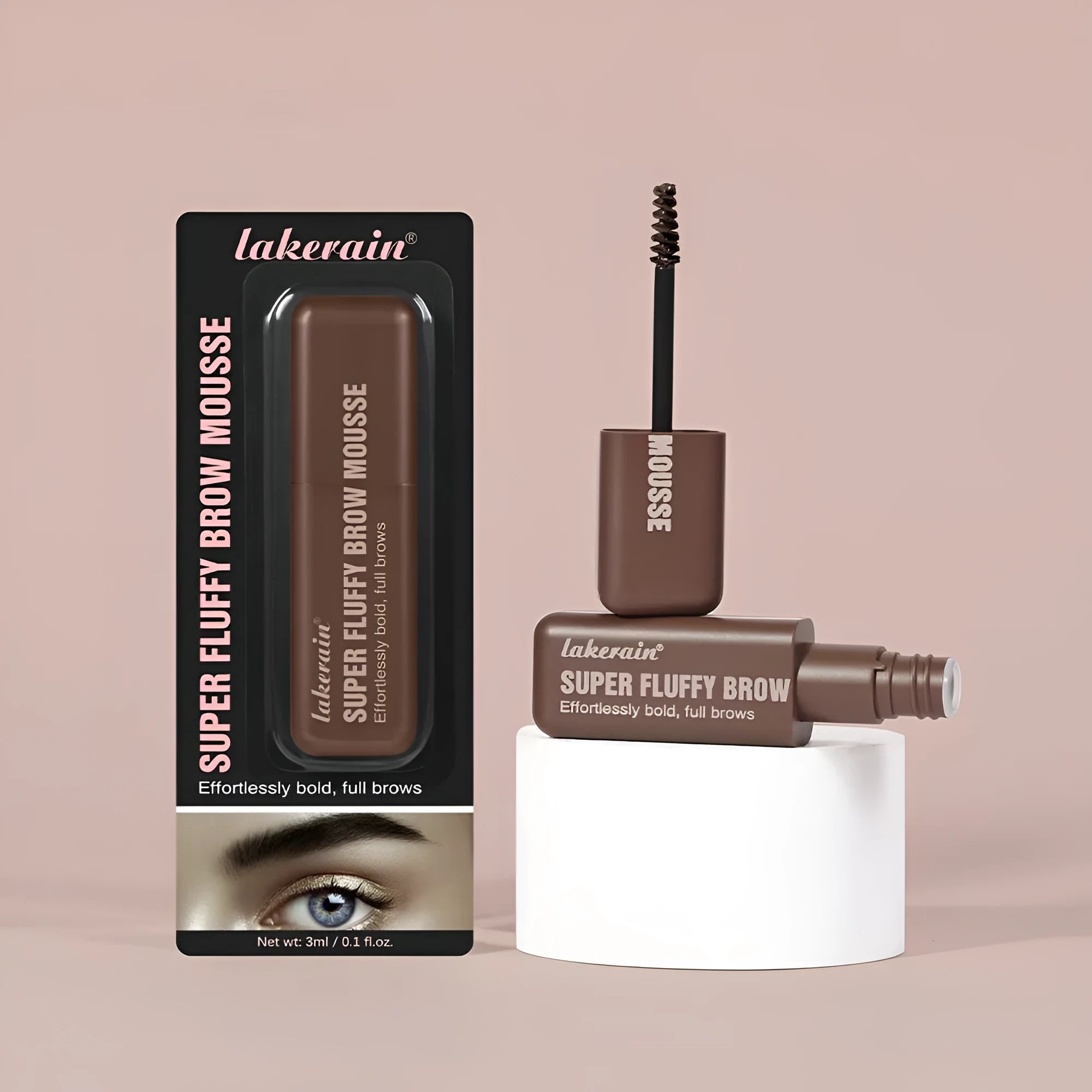 Eyebrow cream and powder in tube for creating three-dimensional, long-lasting brow shape in brown and black shades.