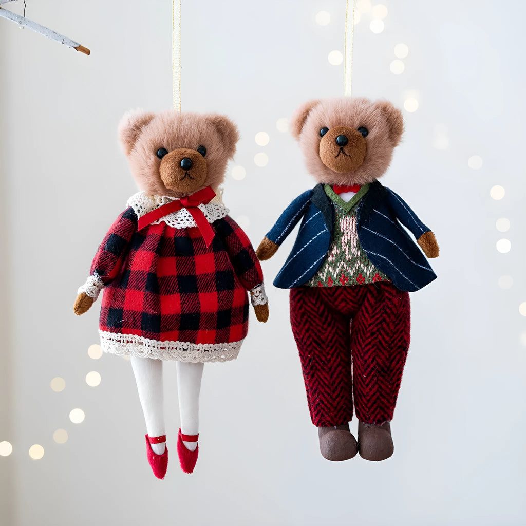 Plush bear doll wearing a cotton suit with a plaid body pattern in Princess or Gentleman style