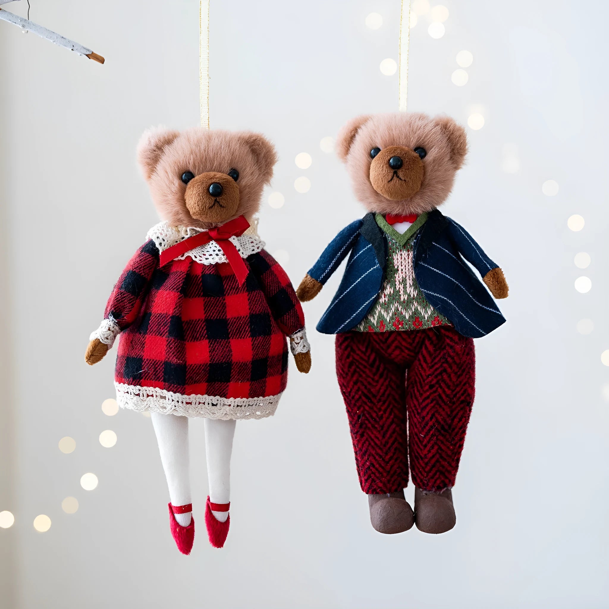 Plush bear doll wearing a cotton suit with a plaid body pattern in Princess or Gentleman style