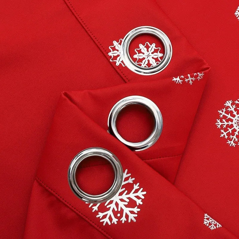 Polyester shade cloth curtain with snowflake pattern in red or green with lace loop or iron hoop trim