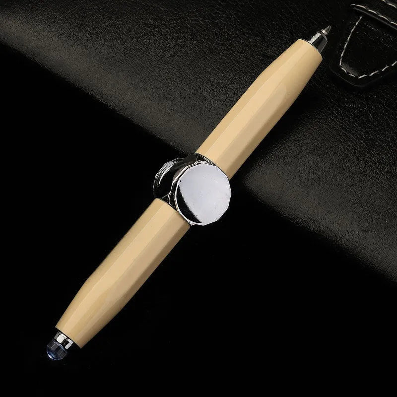 Metal ballpoint pen with integrated fingertip spinner and LED lights, shown in hand