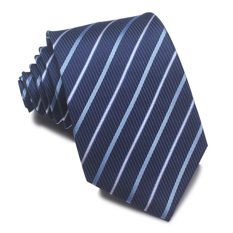 Men's red, black, and blue striped jacquard tie with an arrow shape and 8cm width.