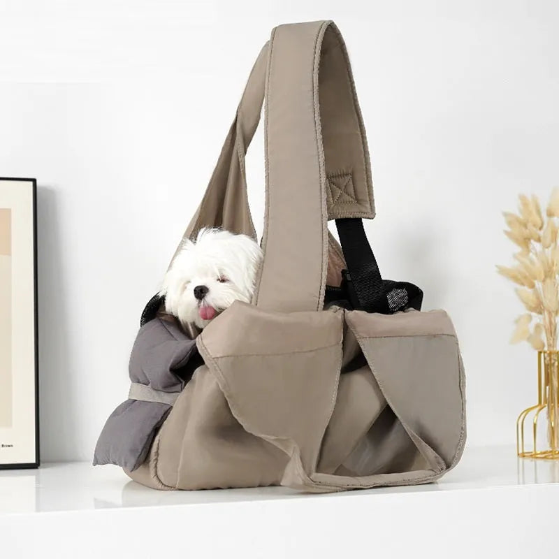 Apricot cloth pet carrier handbag with breathable construction for summer outdoor transport