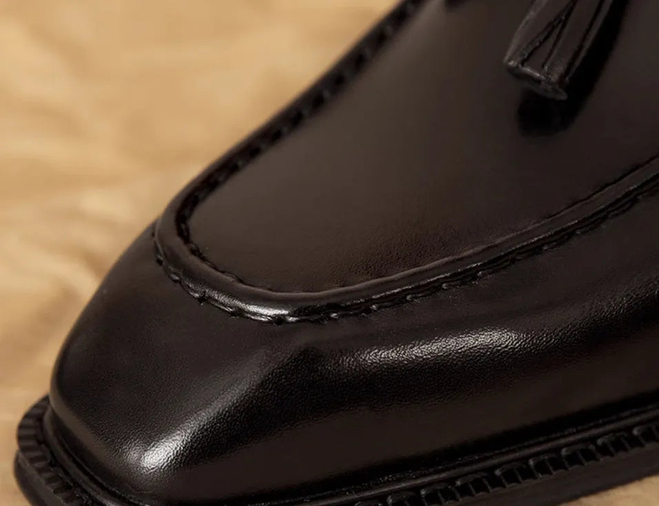Men's black and brown genuine leather slip-on loafers with pigskin lining and rubber sole