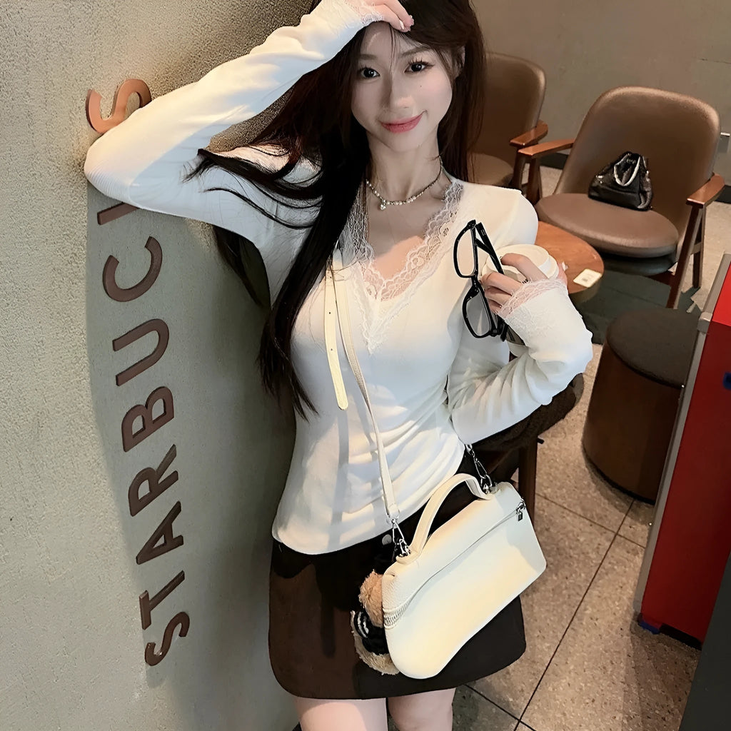 Women white V-neck long sleeve top with lace stitching in polyester knit slim fit