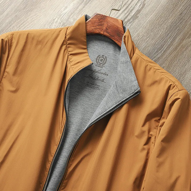 Men's simple stand collar casual jacket in polyester blend fabric, shown on a hanger.