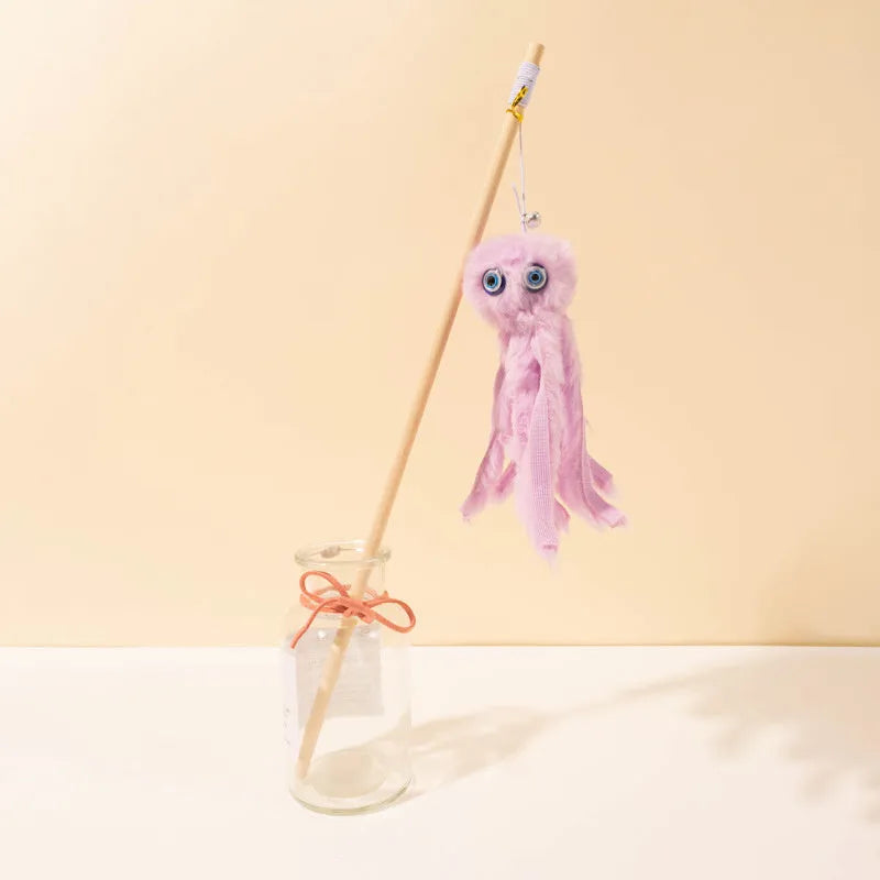 Octopus-themed cat toy with long stick handle and moving eyes for indoor play with kittens