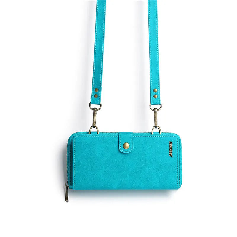 Black detachable magnetic wallet phone case shown open, compatible with Samsung and Apple phones.