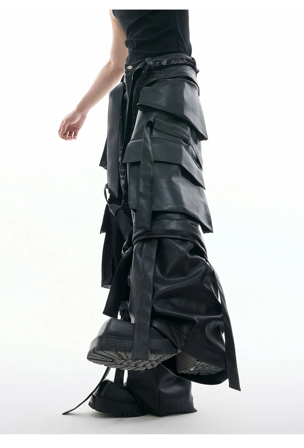 Black loose-fit retro trousers with quilted stitching and multiple pockets