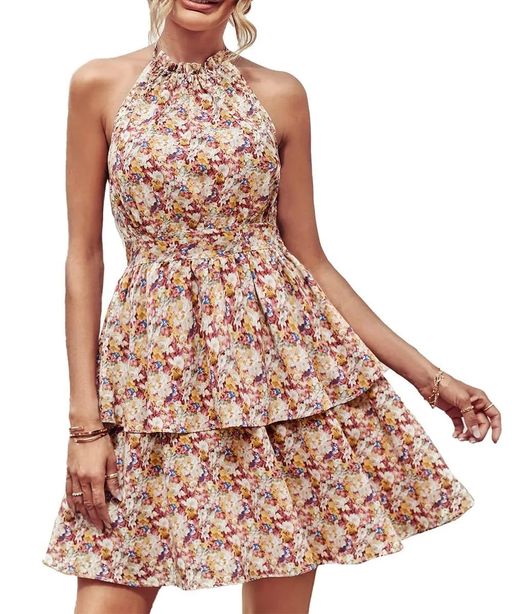 Women's summer halter dress with backless boho design and A-line ruffle detailing in printed polyester