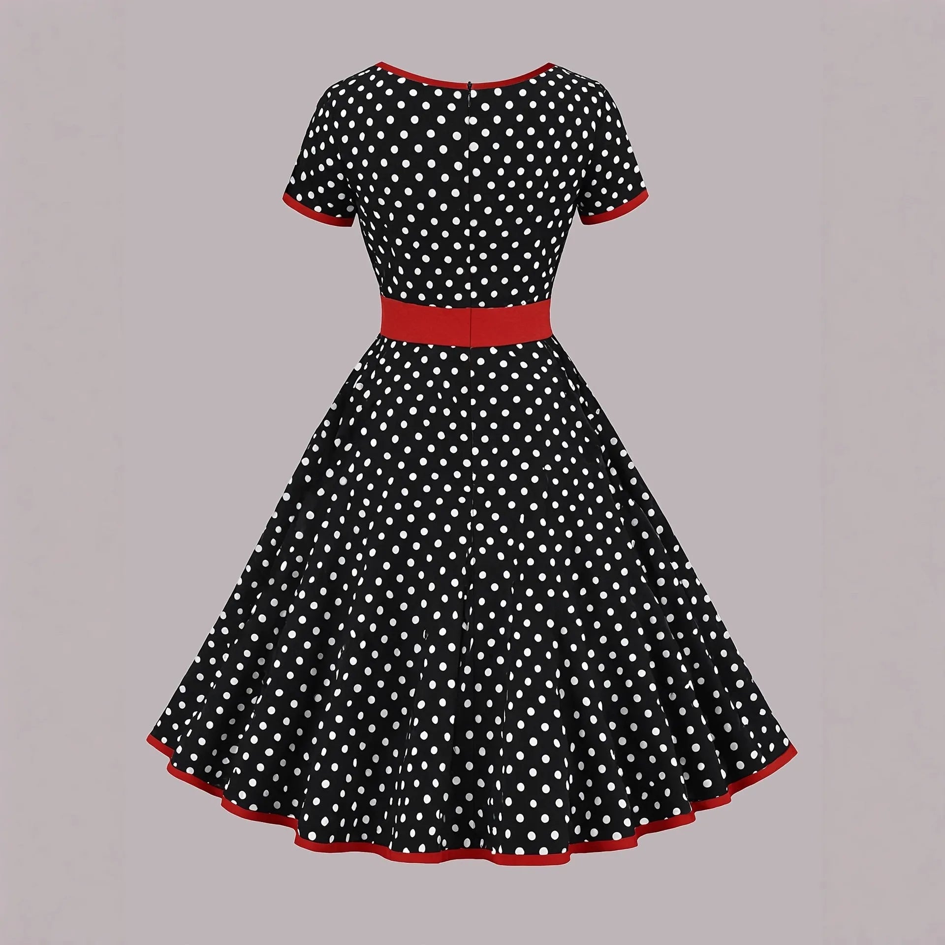 Multicolour polka dot pleated dress with square collar, short sleeves, and a zipper.