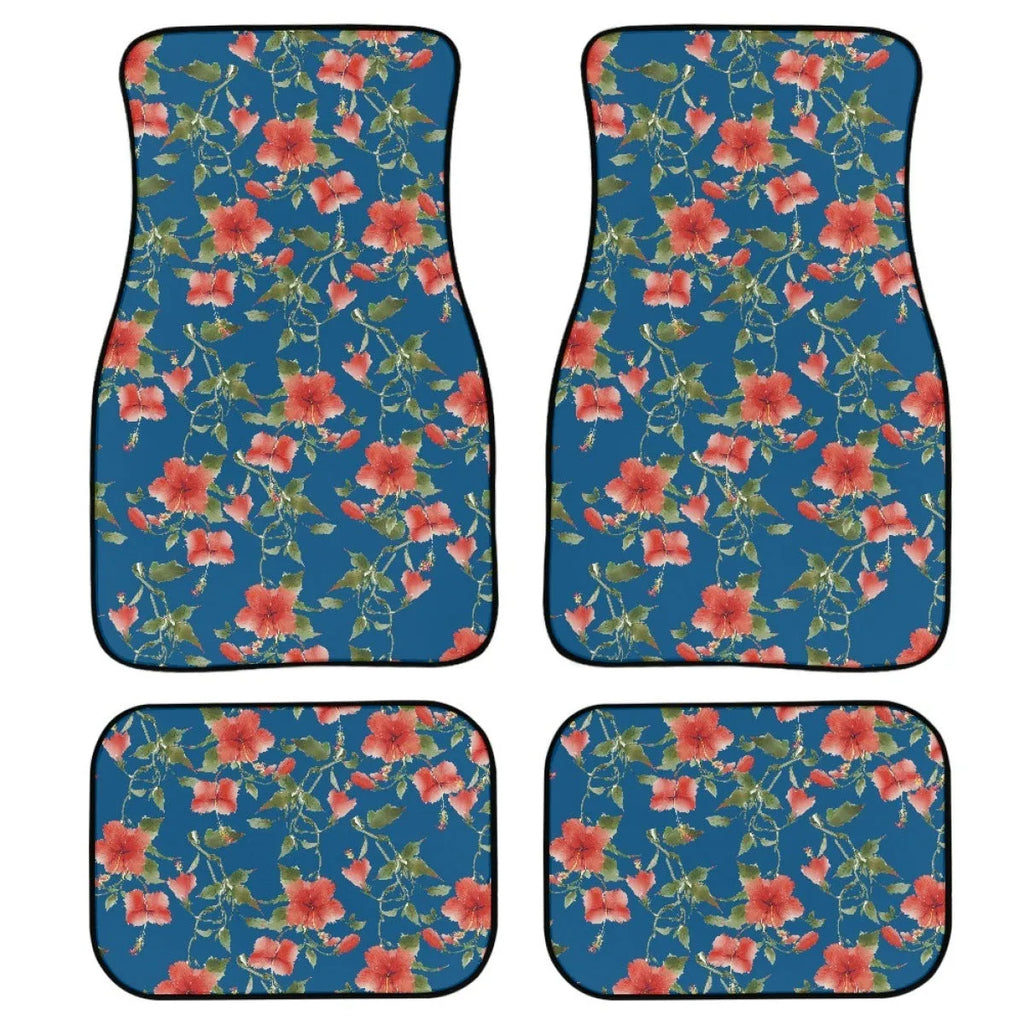 Black printed rubber car floor mat set, four pieces, 20mm thick, on a car interior floor.