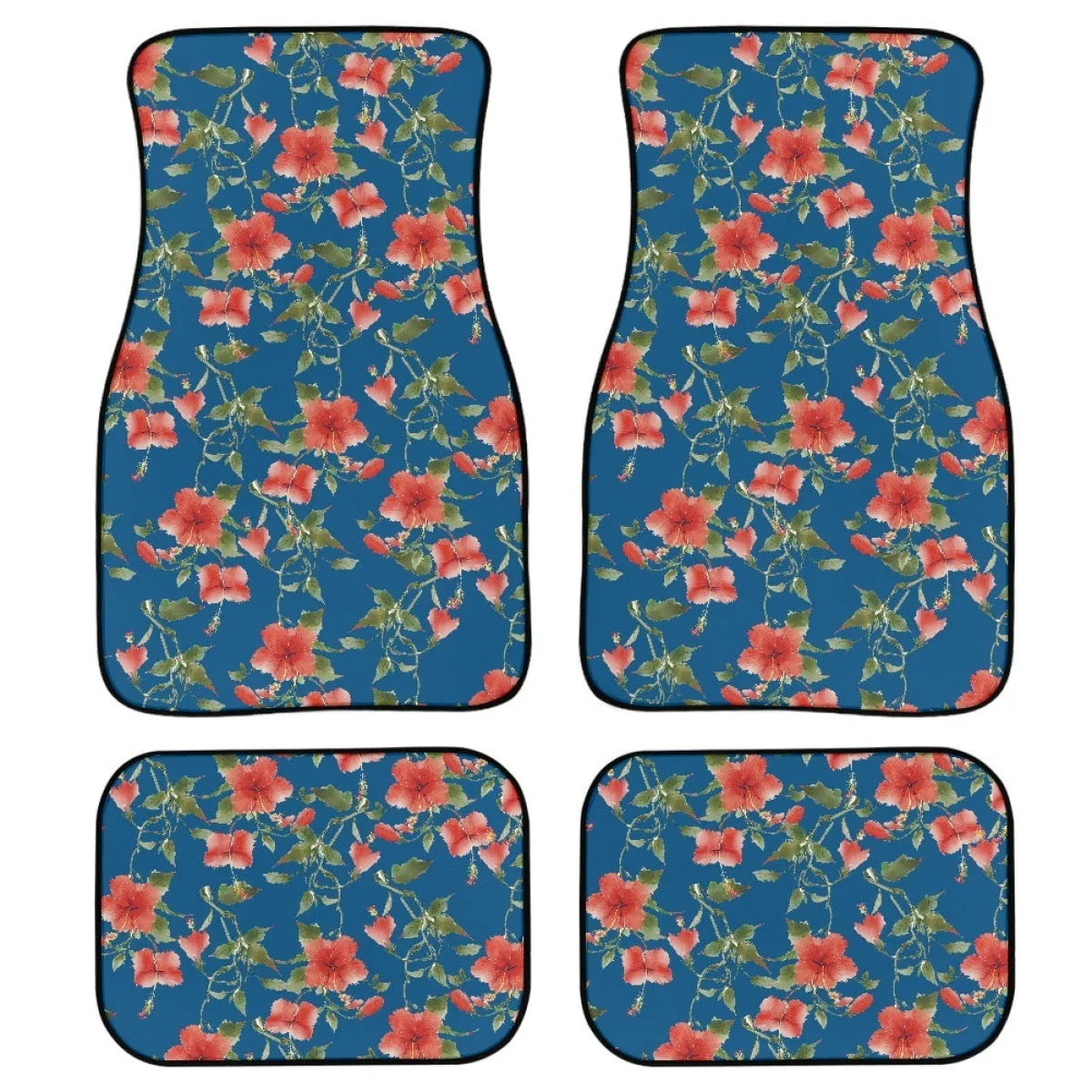 Black printed rubber car floor mat set, four pieces, 20mm thick, on a car interior floor.