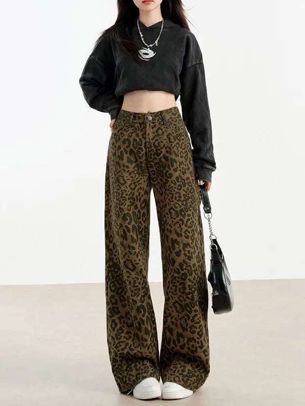 Women's leopard print denim floor-length loose-fit straight pants with wide waist